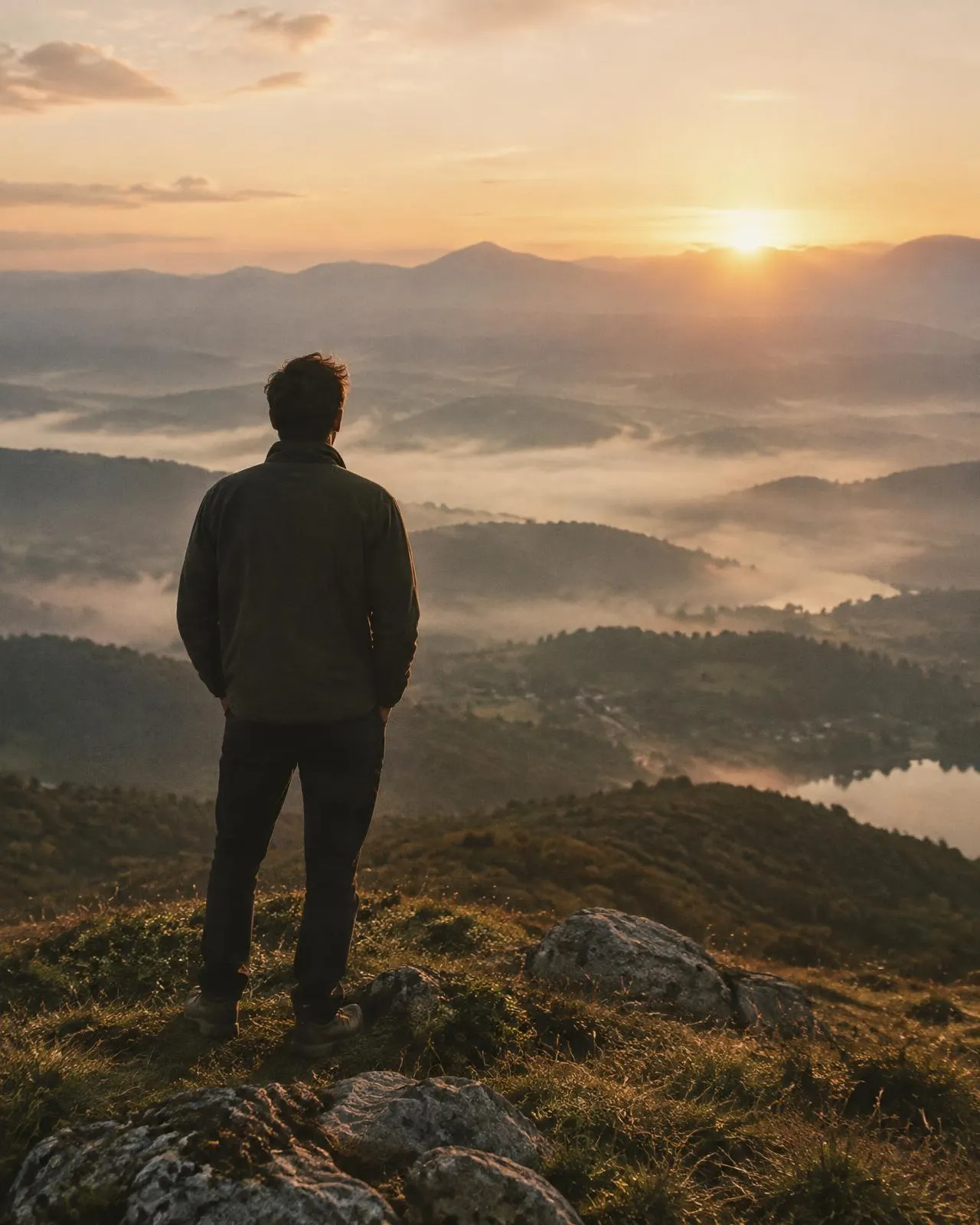 Pessoa de costas observando o horizonte de montanhas ao amanhecer